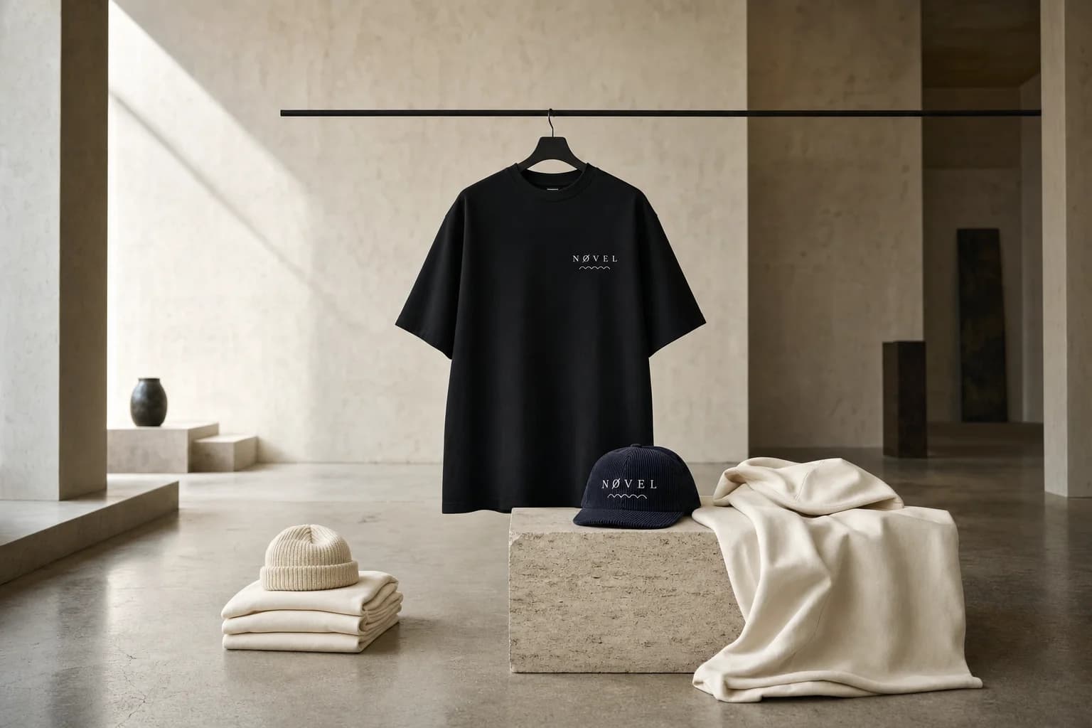 Nøvel installation — black embroidered cotton t-shirt, navy corduroy cap and heavyweight hoodie in a minimalist concrete gallery
